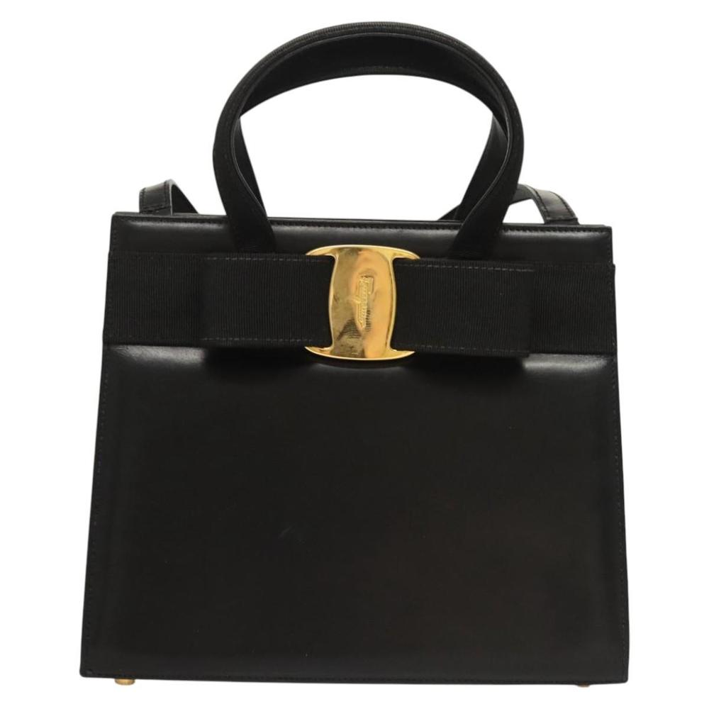 Salvatore Ferragamo Vala Hand Bag Leather 2way Black Gold Auth gh088 - Picture 13 of 16